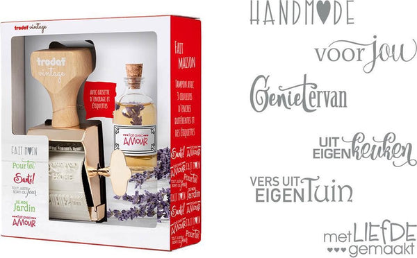 Vintage stempel met teksten : Handmade. Voor jou. Geniet ervan. Met liefde gemaakt. Uit eigen keuken. Vers uit eigen tuin.